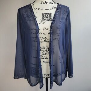 Vintage no brand sheer beaded navy‎ blue open front long sleeved cardigan glam